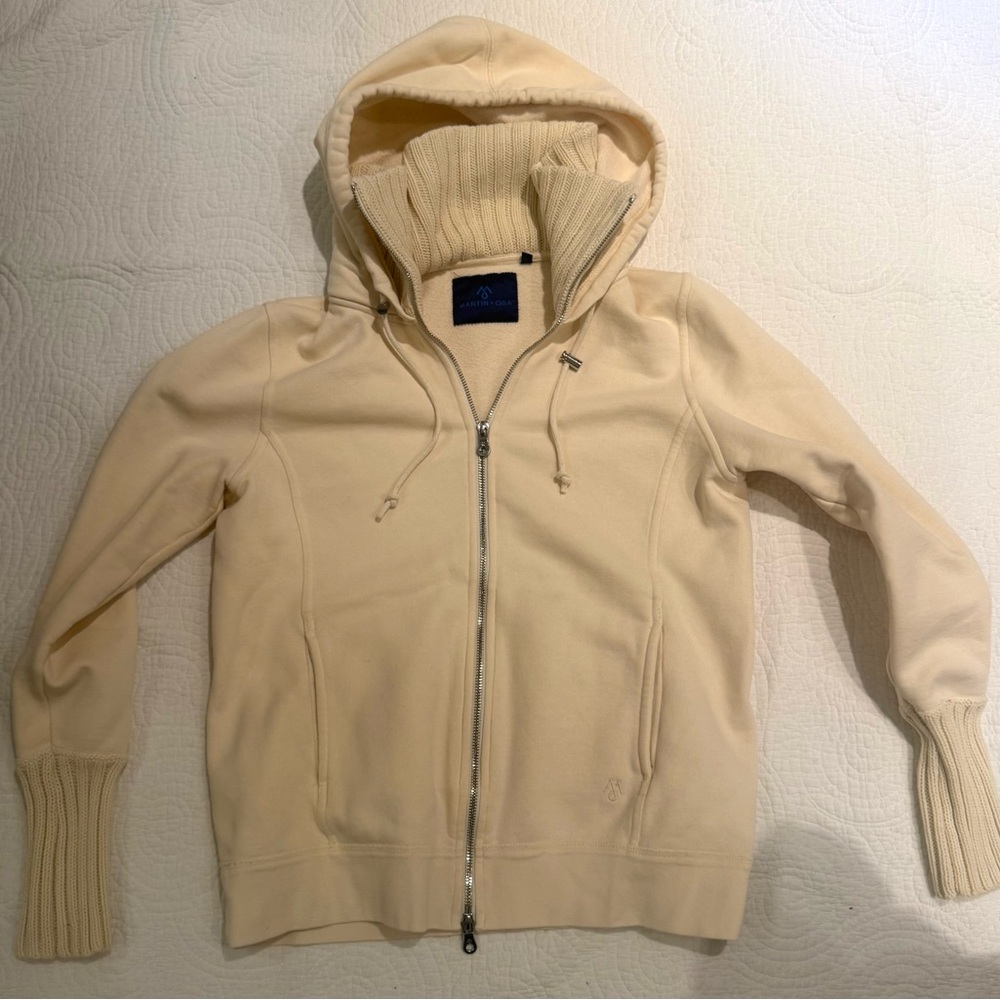 Martin + Osa Cream Hooded Full Zip Sweatshirt with Ribbed Knit Detailing / M